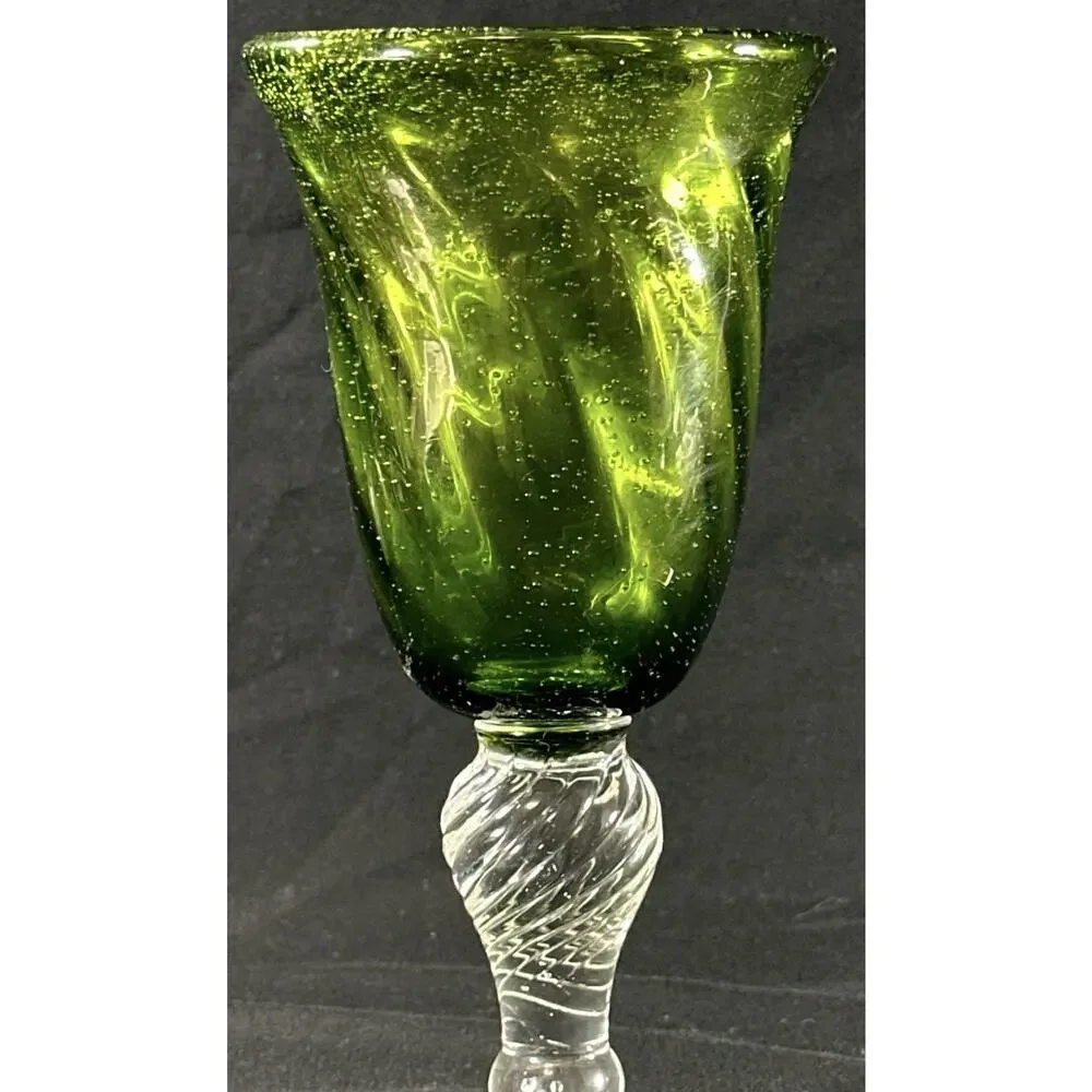 Hand Blown Art Glass Goblet Green Bubble Bowl Clear Twisted Stem 7.5”